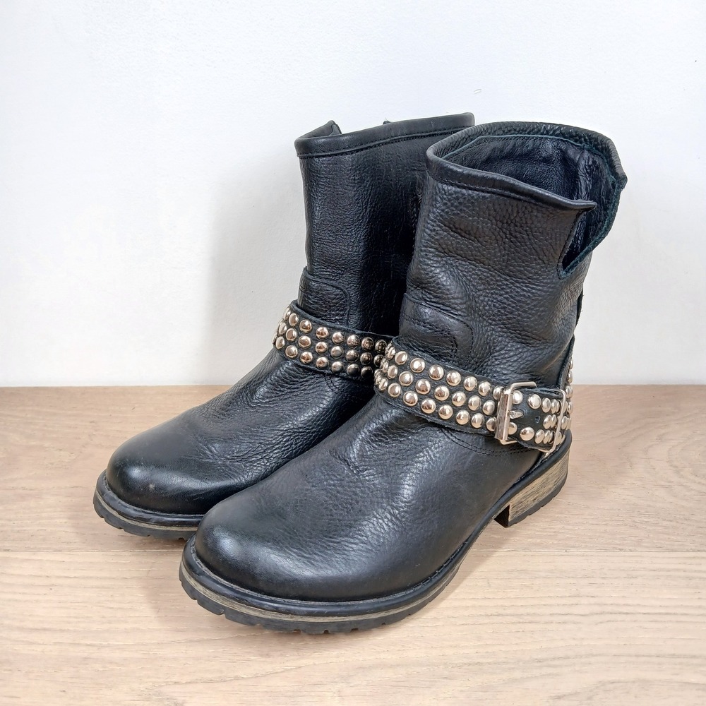 Steve Madden Boots Women 6.5 Black Leather Ankle Studded Biker Moto Punk